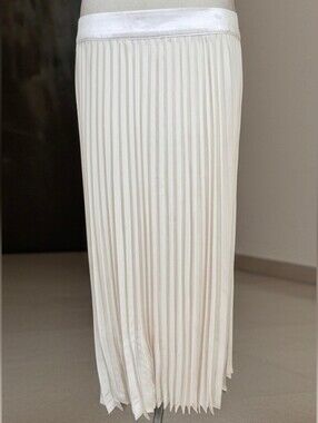 280 ANEWSTA SHEIN Cream Pleated Midi Skirt Satin Waistband Ivory Size Large 12